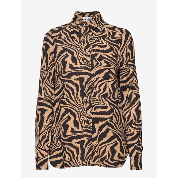 Ganni Zebra Printed Crepe Shirt Long Sleeve Button Up - 34 Tannin - Picture 1 of 5